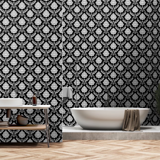 Rococo-Damask-Muster Weiß auf Schwarz Tapete (Badezimmer)