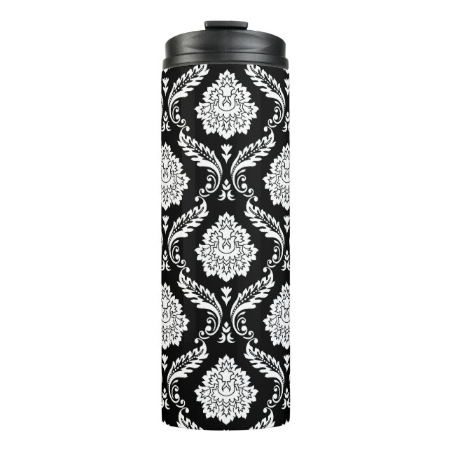 Rococo-Damask-Muster Weiß auf Schwarz Thermosbecher (Vorderseite)