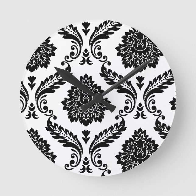 Rococo Damask Off-Set Pattern Black on White Runde Wanduhr (Vorderseite)