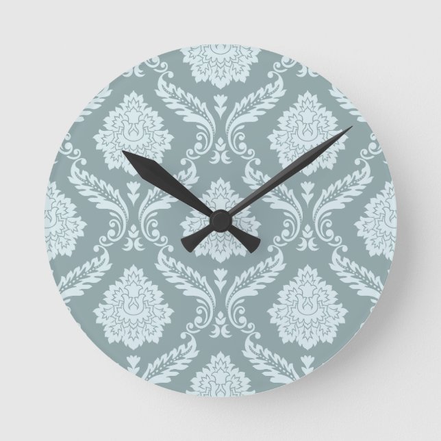 Rococo Damask Pattern Duck Egg Blue+Teal Runde Wanduhr (Vorderseite)