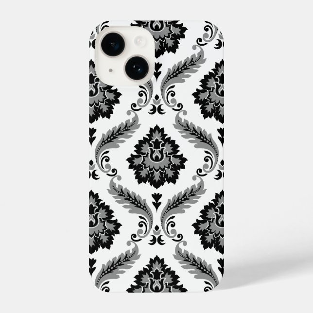 Rococo Damask Pattern Grey Black White iPhone Hülle (Rückseite)