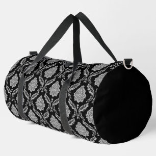 Rococo-Damask-Wiederholungsmuster Grau auf Schwarz Duffle Bag