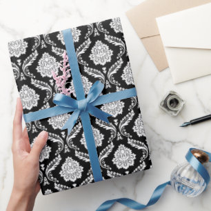 Rococo-Damask-Wiederholungsmuster Weiß auf Schwarz Geschenkpapier
