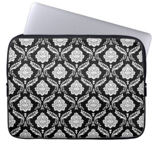 Rococo-Damask-Wiederholungsmuster Weiß auf Schwarz Laptopschutzhülle