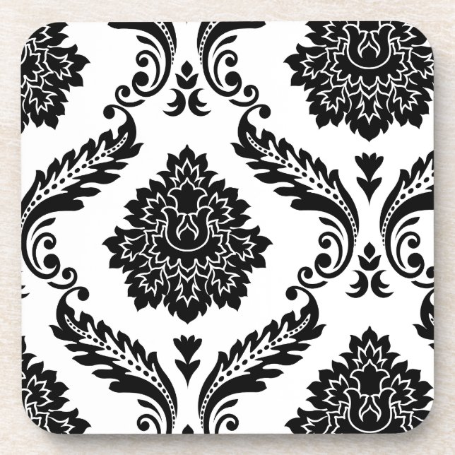 Rococo-Damasken-Versatzmuster Schwarz auf Weiß Getränkeuntersetzer (Vorderseite)