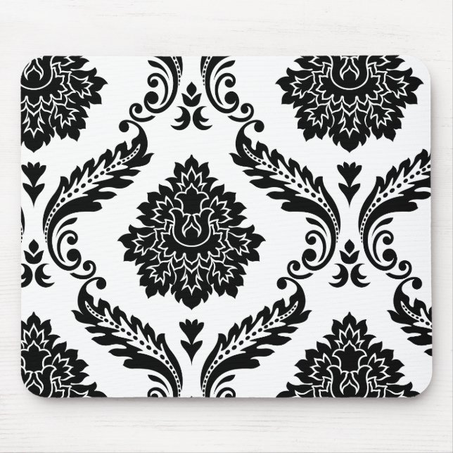Rococo-Damasken-Versatzmuster Schwarz auf Weiß Mousepad (Vorne)