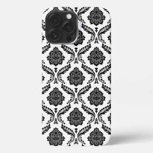 Rococo-Damaskenmuster Schwarz auf Weiß iPhone Hülle (Rückseite)