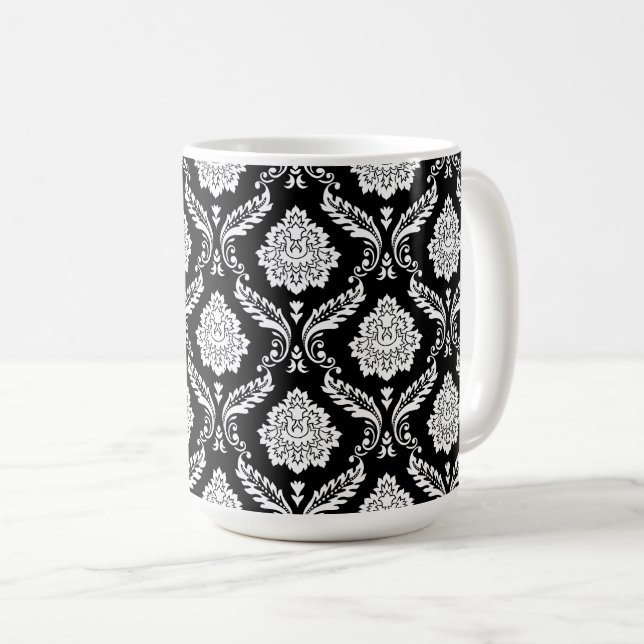 Rococo-Damaskenmuster Weiß auf Schwarz Kaffeetasse (VorderseiteRechts)