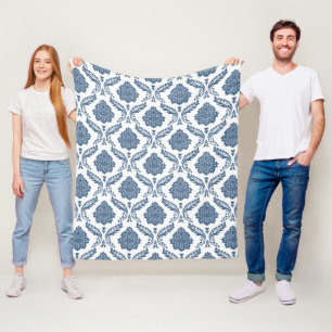 Rococo-Damaskmuster Blau auf Weiß Fleecedecke
