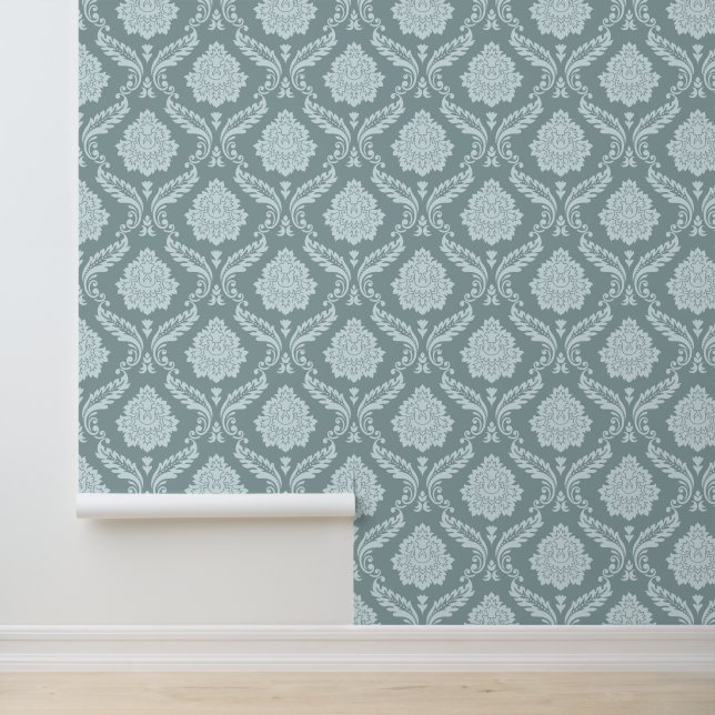 Rococo-Damaskmuster Entente-Blau+Türkis Tapete (Anwendung)