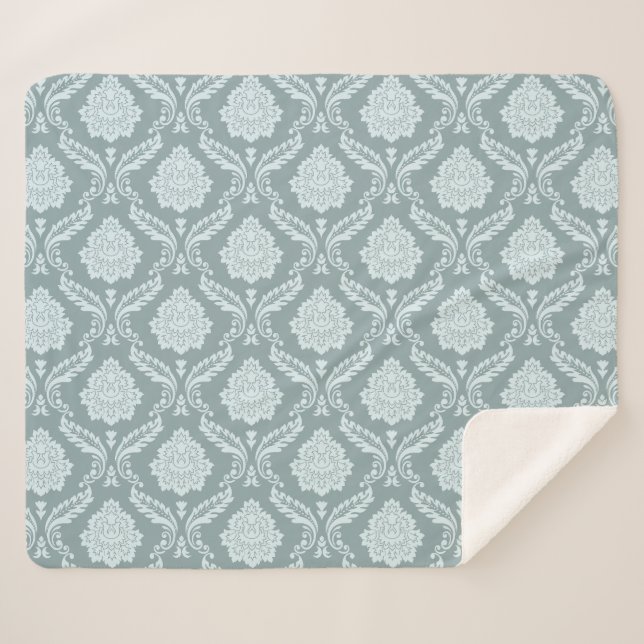 Rococo-Damaskmuster Entente-Ei Blau+Türkis Sherpadecke (Vorderseite (Horizontal))