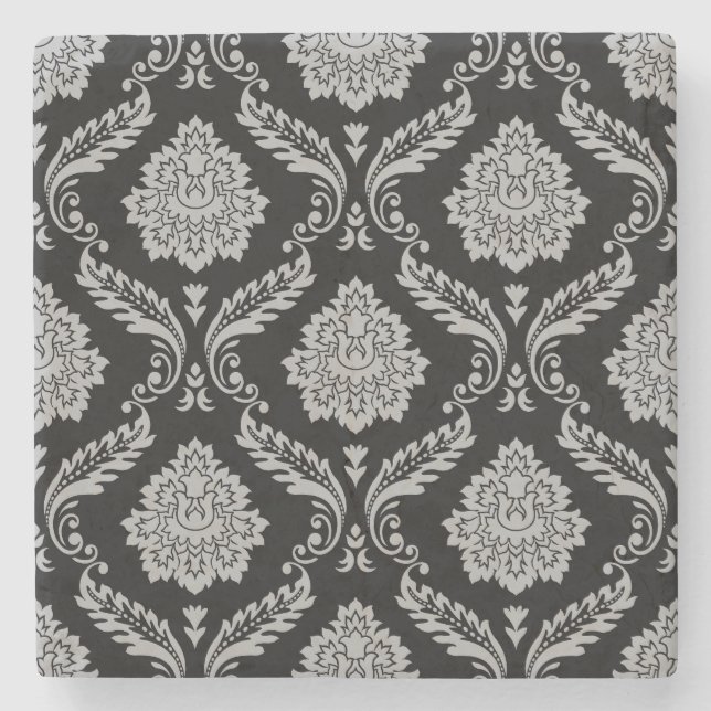 Rococo-Damaskmuster Grau auf Schwarz Steinuntersetzer (Vorderseite)