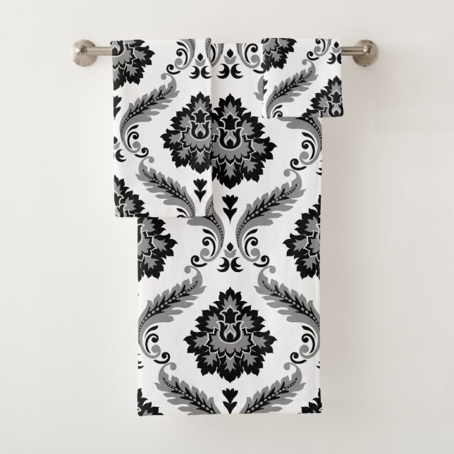 Rococo-Damaskmuster Grau Schwarz Weiß Badhandtuch Set (Insitu)