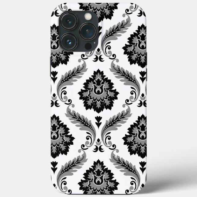 Rococo-Damaskmuster Grau Schwarz Weiß Case-Mate iPhone Hülle (Rückseite)