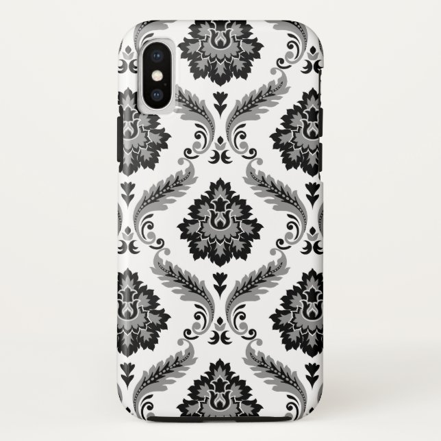 Rococo-Damaskmuster Grau Schwarz Weiß Case-Mate iPhone Hülle (Rückseite)