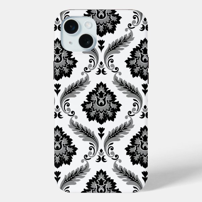 Rococo-Damaskmuster Grau Schwarz Weiß Case-Mate iPhone Hülle (Rückseite)