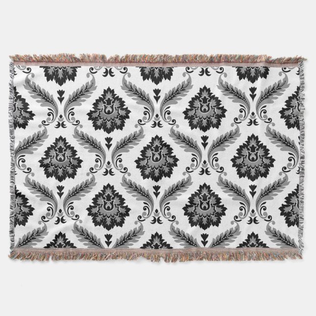Rococo-Damaskmuster Grau Schwarz Weiß Decke (Vorderseite)