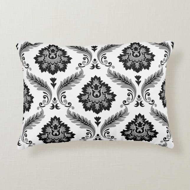 Rococo-Damaskmuster Grau Schwarz Weiß Dekokissen (Vorderseite)