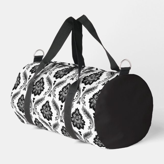 Rococo-Damaskmuster Grau Schwarz Weiß Duffle Bag (Linke Seite)
