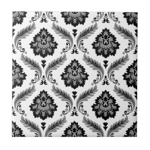 Rococo-Damaskmuster Grau Schwarz Weiß Fliese