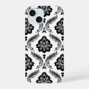 Rococo-Damaskmuster Grau Schwarz Weiß iPhone 15 Hülle