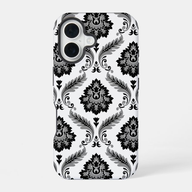 Rococo-Damaskmuster Grau Schwarz Weiß iPhone 16 Hülle (Rückseite)