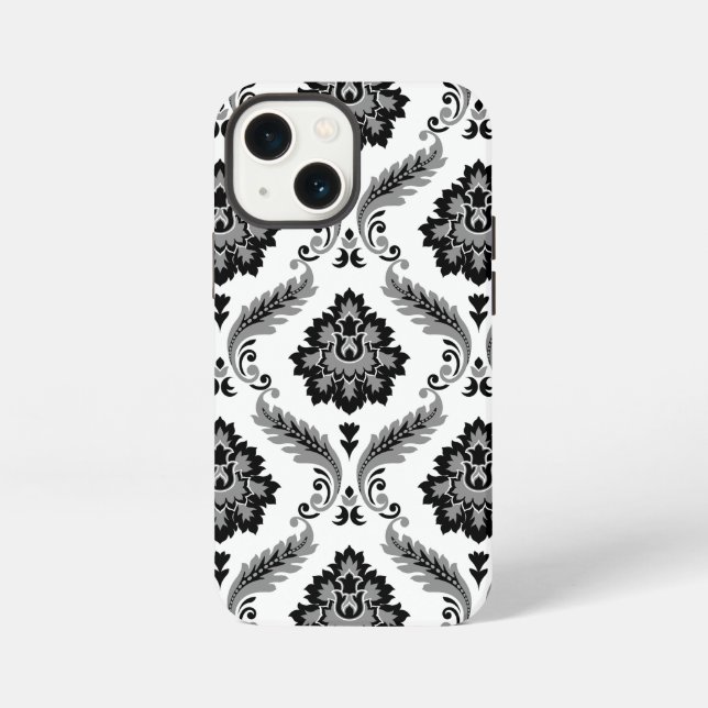 Rococo-Damaskmuster Grau Schwarz Weiß iPhone Hülle (Rückseite)