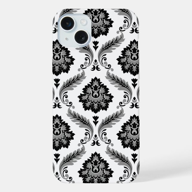 Rococo-Damaskmuster Grau Schwarz Weiß iPhone Hülle (Rückseite)