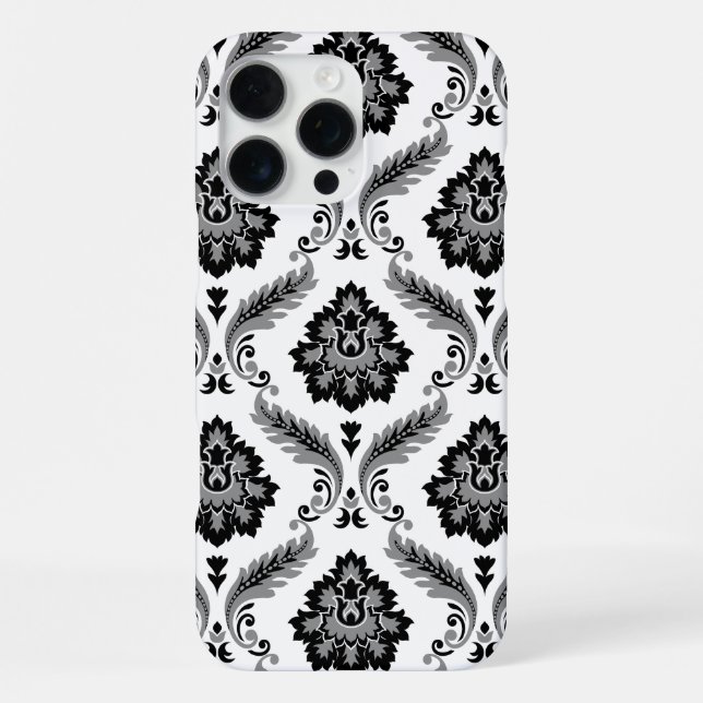 Rococo-Damaskmuster Grau Schwarz Weiß iPhone Hülle (Rückseite)