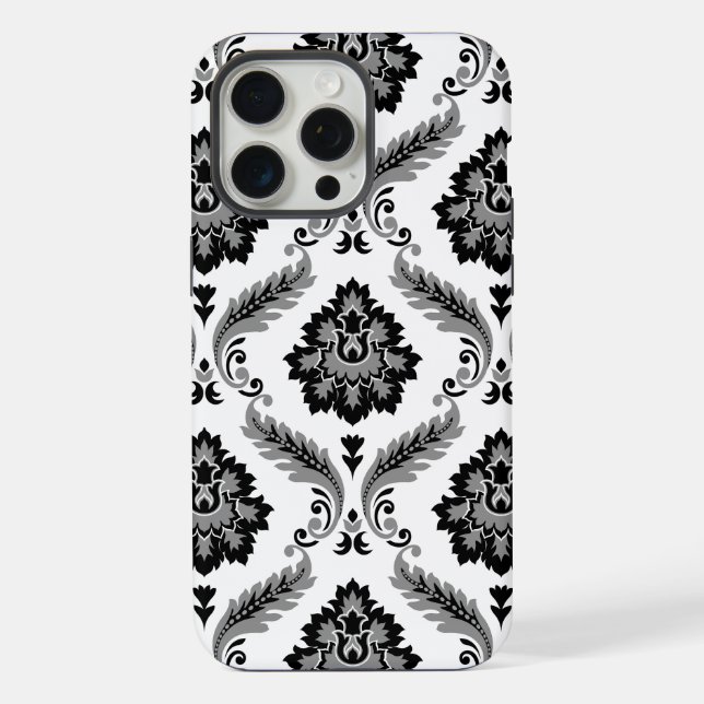 Rococo-Damaskmuster Grau Schwarz Weiß iPhone Hülle (Rückseite)