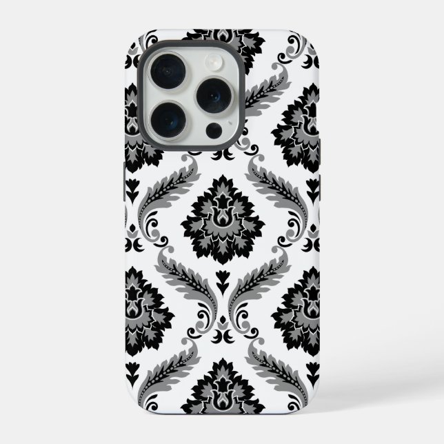 Rococo-Damaskmuster Grau Schwarz Weiß iPhone Hülle (Rückseite)