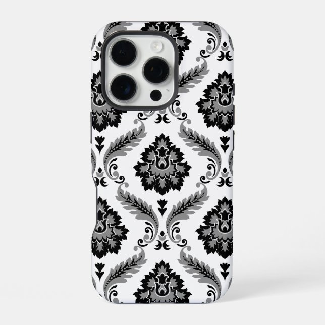 Rococo-Damaskmuster Grau Schwarz Weiß iPhone Hülle (Rückseite)