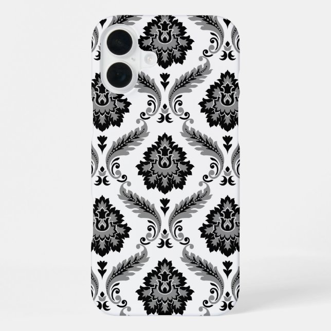 Rococo-Damaskmuster Grau Schwarz Weiß iPhone Hülle (Rückseite)