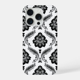 Rococo-Damaskmuster Grau Schwarz Weiß iPhone 15 Pro Hülle