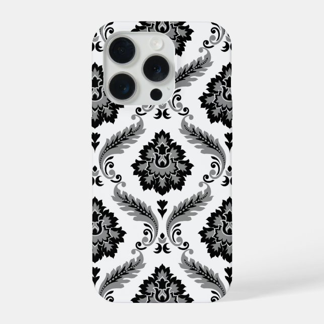 Rococo-Damaskmuster Grau Schwarz Weiß iPhone Hülle (Rückseite)