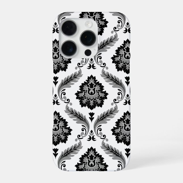 Rococo-Damaskmuster Grau Schwarz Weiß iPhone Hülle (Rückseite)