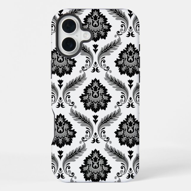 Rococo-Damaskmuster Grau Schwarz Weiß iPhone Hülle (Rückseite)
