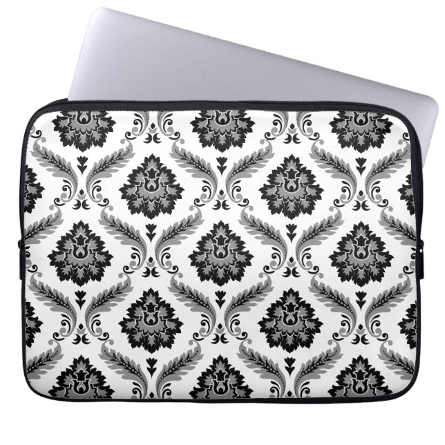 Rococo-Damaskmuster Grau Schwarz Weiß Laptopschutzhülle (Vorderseite)