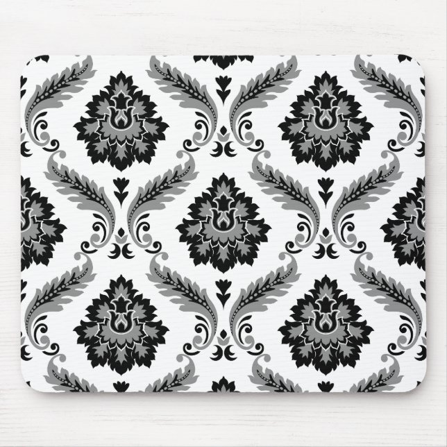 Rococo-Damaskmuster Grau Schwarz Weiß Mousepad (Vorne)