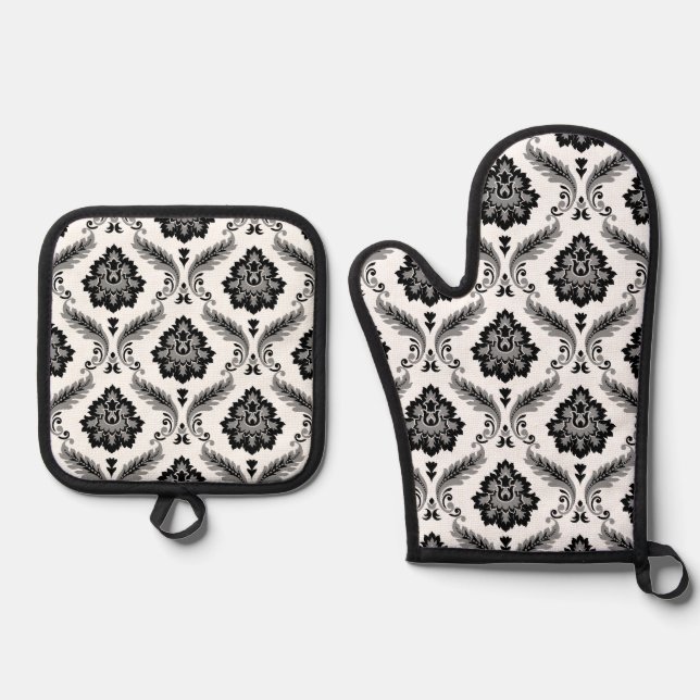Rococo-Damaskmuster Grau Schwarz Weiß Ofenhandschuh & Topflappen-Set (Vorderseite)