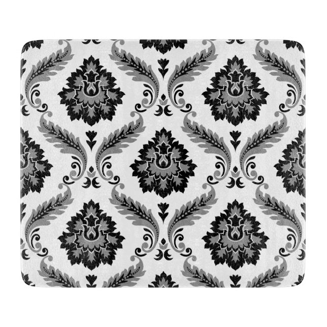 Rococo-Damaskmuster Grau Schwarz Weiß Schneidebrett (Vorderseite)