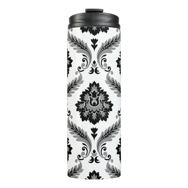 Rococo-Damaskmuster Grau Schwarz Weiß Thermosbecher (Vorderseite)