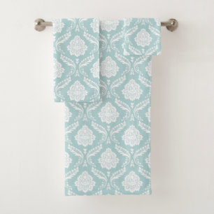 Rococo-Damaskmuster Weiß auf Enteneiblau Badhandtuch Set