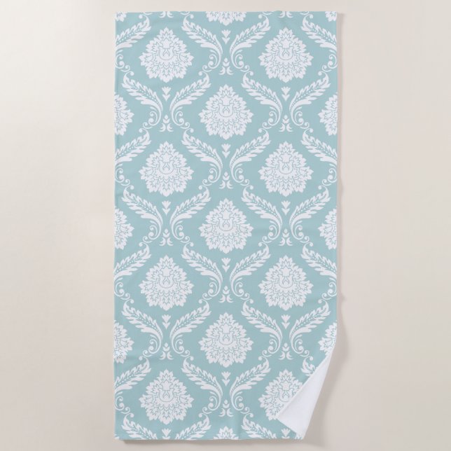 Rococo-Damaskmuster Weiß auf Enteneiblau Strandtuch (Vorderseite)