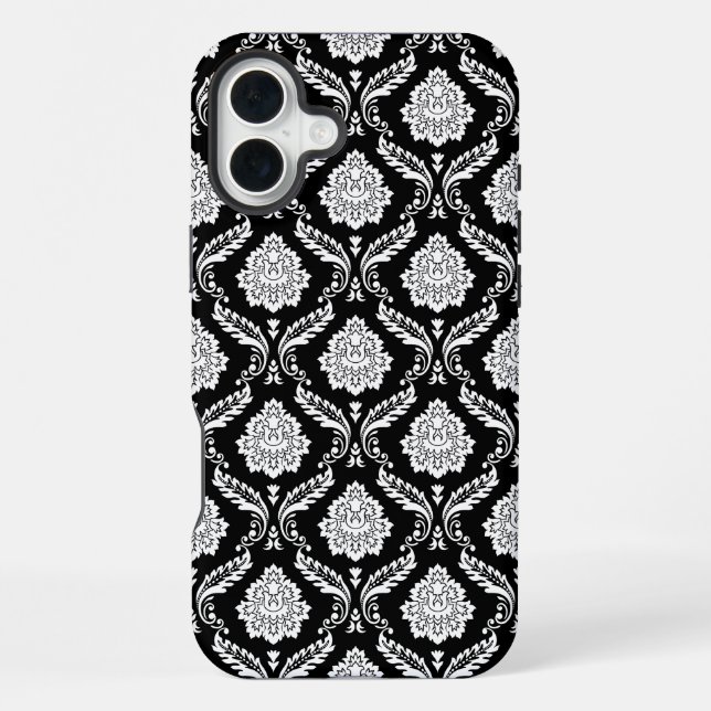 Rococo-Damaskmuster Weiß auf Schwarz  iPhone Hülle (Rückseite)