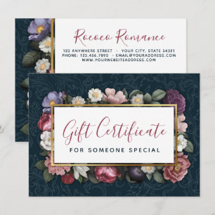 Rococo Damast & Blumen Navy Geschenkgutschein Kart Einladung