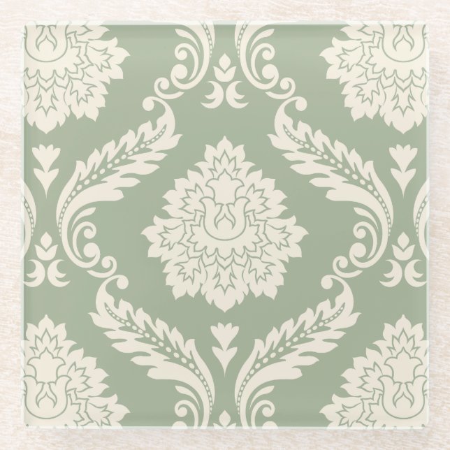 Rococo Damast großes Muster Creme auf Grün Glasuntersetzer (Vorderseite)