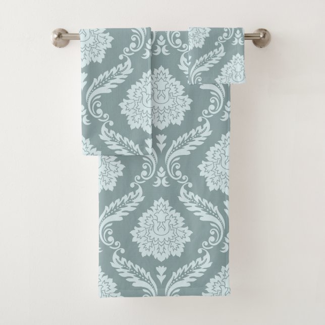 Rococo Damast Großes Muster Entenei Blau+Türkis Badhandtuch Set (Insitu)