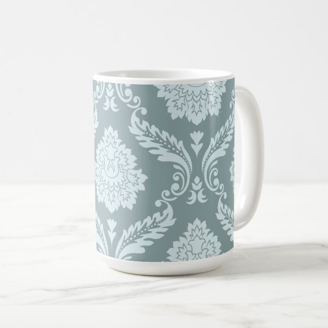 Rococo Damast großes Muster Enteneiblau+Türkis Kaffeetasse (VorderseiteRechts)