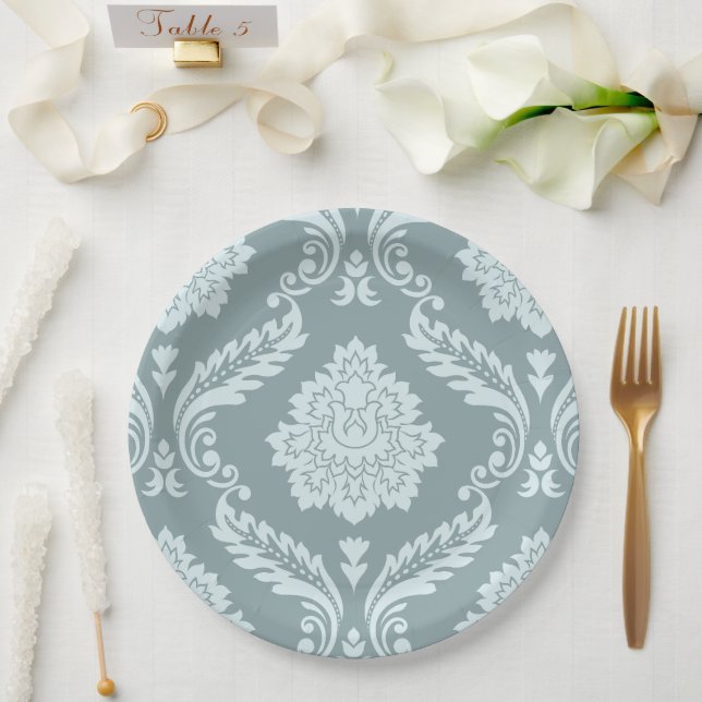 Rococo Damast großes Muster Enteneiblau+Türkis Pappteller (Hochzeit)